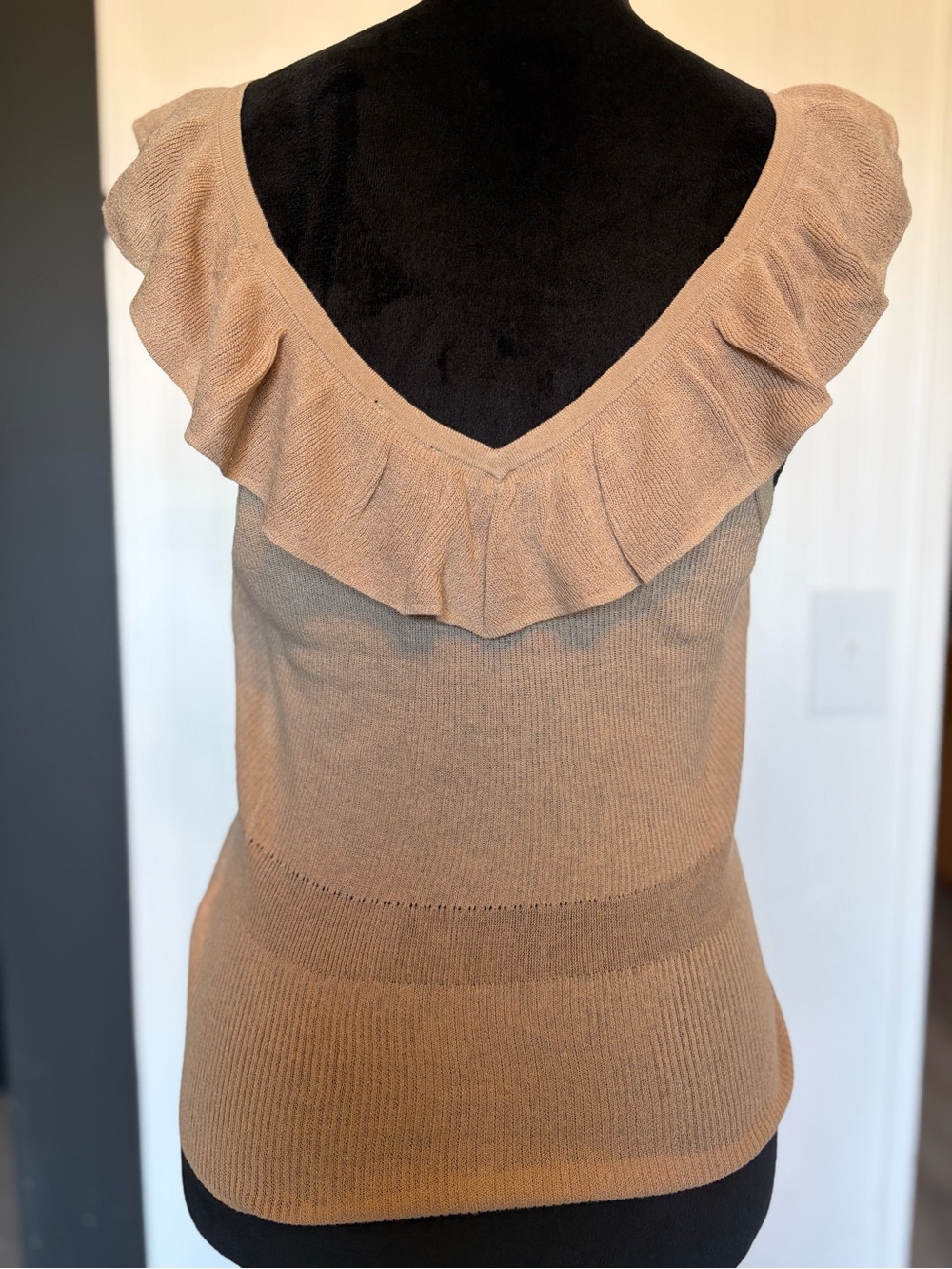 Express Ruffle Trim V-Neck Knit Tank in Light Beige